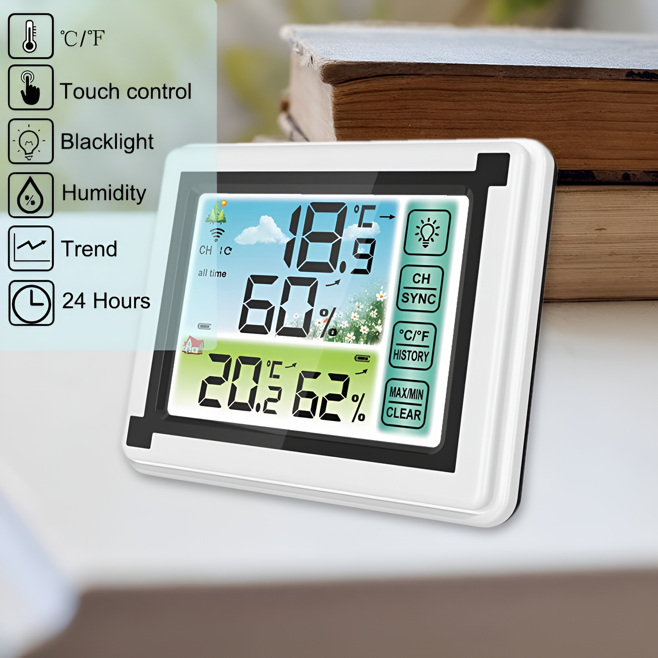 GJX Weather Station Clock Indoor Outdoor Wireless Thermometers Large Screen Display Touch Control Backlight Memory Function with 1 Waterproof Sensors