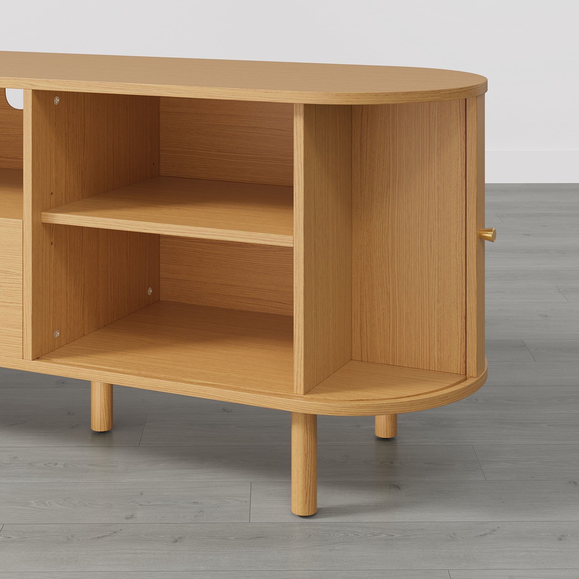 Spruce & Spring Tambour TV Stand with Power Outlet, Mid-Century Modern Entertainment Center, Rattan Drawer & Fluted Sliding Doors, Solid Wood Legs & Cable Management, Oak, for TVs up to 80 Inch