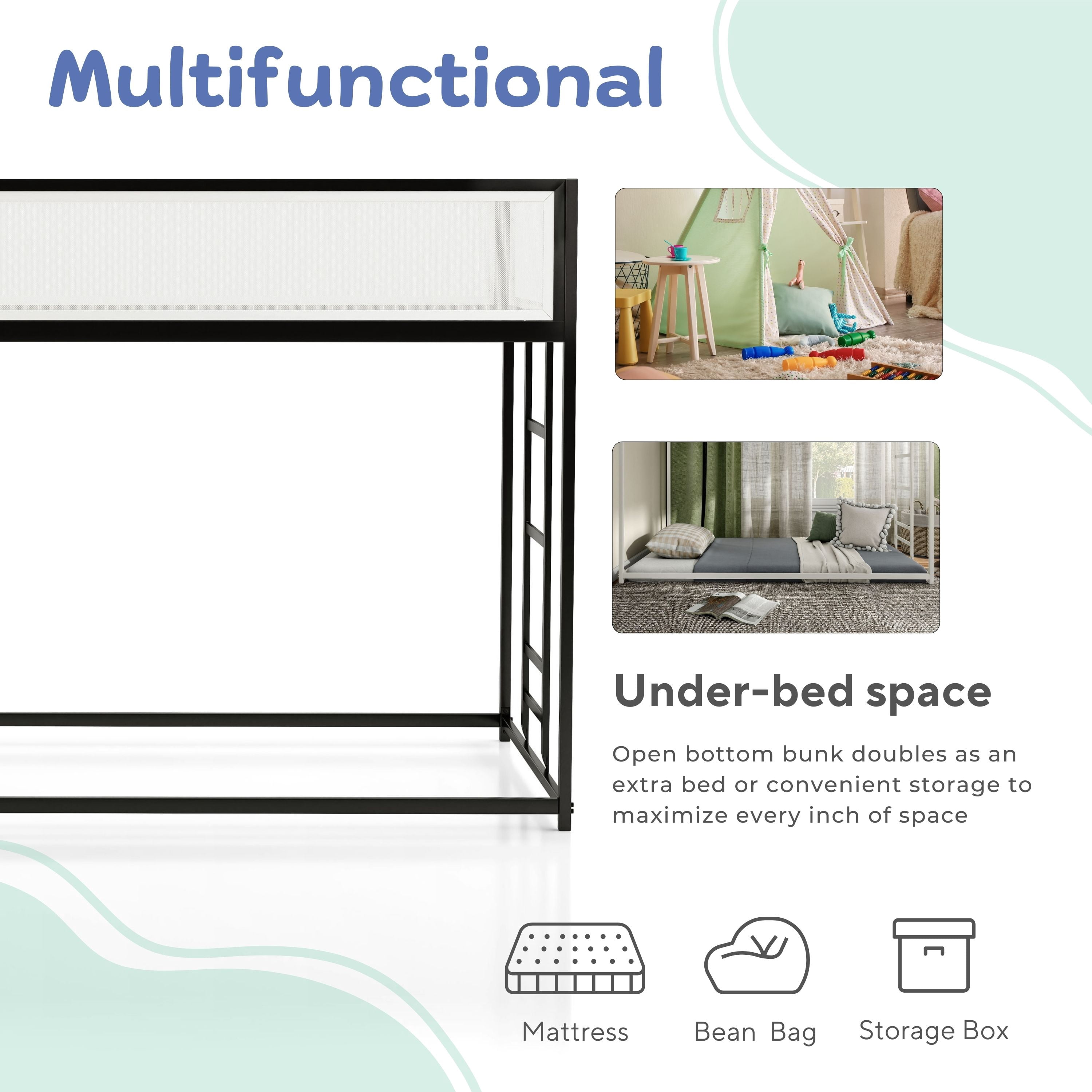 Furniture of America Veric Kids Black Twin over Twin Low Profile Bunk Bed with White Magnetic Mesh Panel