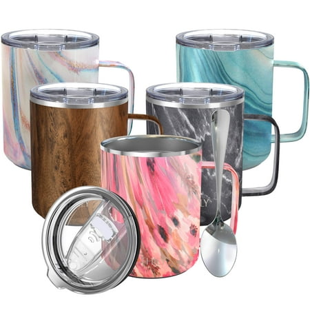 

Stainless Steel Insulated Coffee Mug - THILY 12 oz Vacuum Insulated Coffee Cup with Handle Spill-Proof Lid Keep Coffee Cold or Hot Cute Birthday Christmas Gift Watercolor Flower