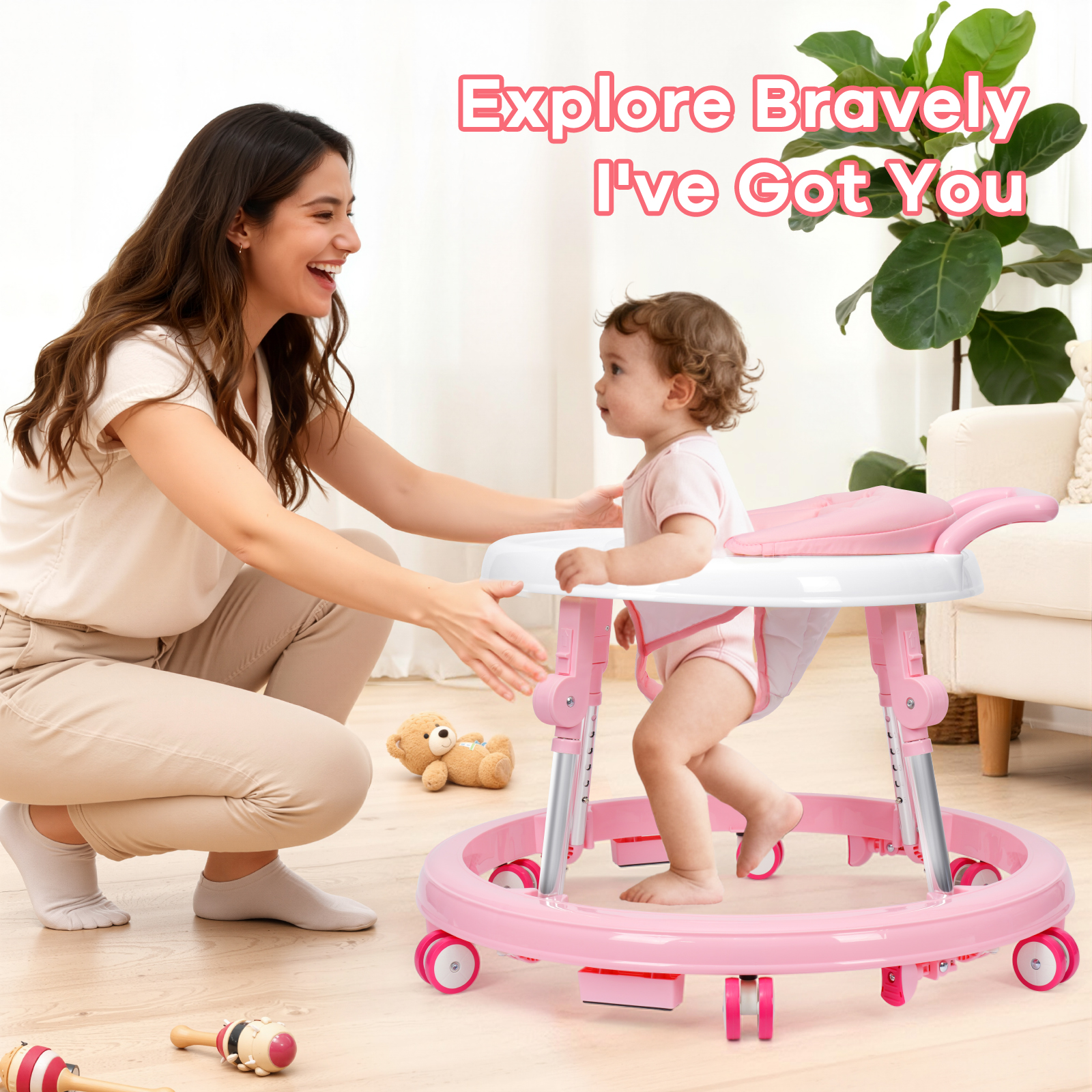 Foldable Baby Walker 9-Level Height Adjustable 360° Non-Slip Wheels for Infants 6-18 Months Light Pink