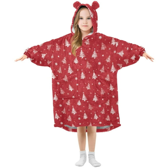 Wearable Blanket Hoodie for Kids Hand Drawn Christmas Tree with Lines Flannel Hooded Blanket with Pockets and Sleeves Suitable for Boys and Girls