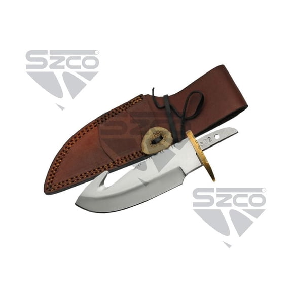 SZCO 8.75" Guthook Fixed Blade Knife with 7 Gauge Stainless Steel Blade, Brass Guard, Filework Spine and Leather Sheath