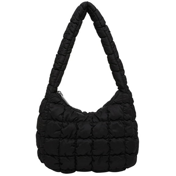 Cloud Puff Mini Shoulder Bag for Women - Lightweight Quilted Tote with Zipper, Stylish Casual & Travel Handbag（Black）