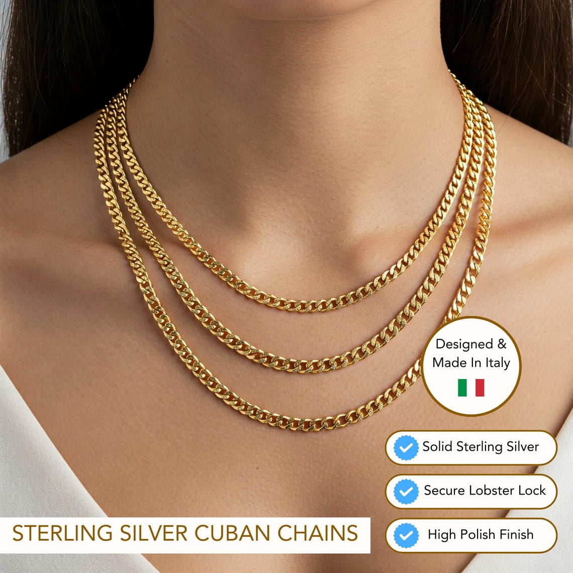 Tilo Jewelry Yellow Gold Plated 925 Sterling Silver Miami Cuban Link Chain Necklace with Secure Lobster Lock | 5mm - 20 Inch | Everyday Necklace for Men & Women
