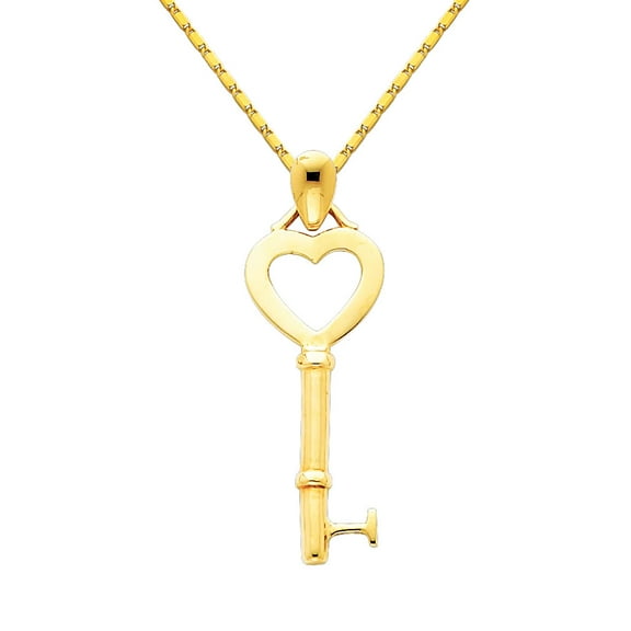 Wellingsale 14k Yellow Gold Polished Key to My Heart Charm Pendant with 1mm Snail Link Chain Necklace - 16"