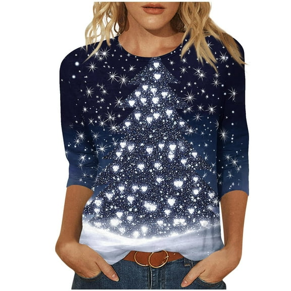 Makaor Womens Plus Size Fall Tops Crew Neck Shirts Christmas Tree Graphic 3/4 Sleeve Pullover Tees Cute Outfits Clothes