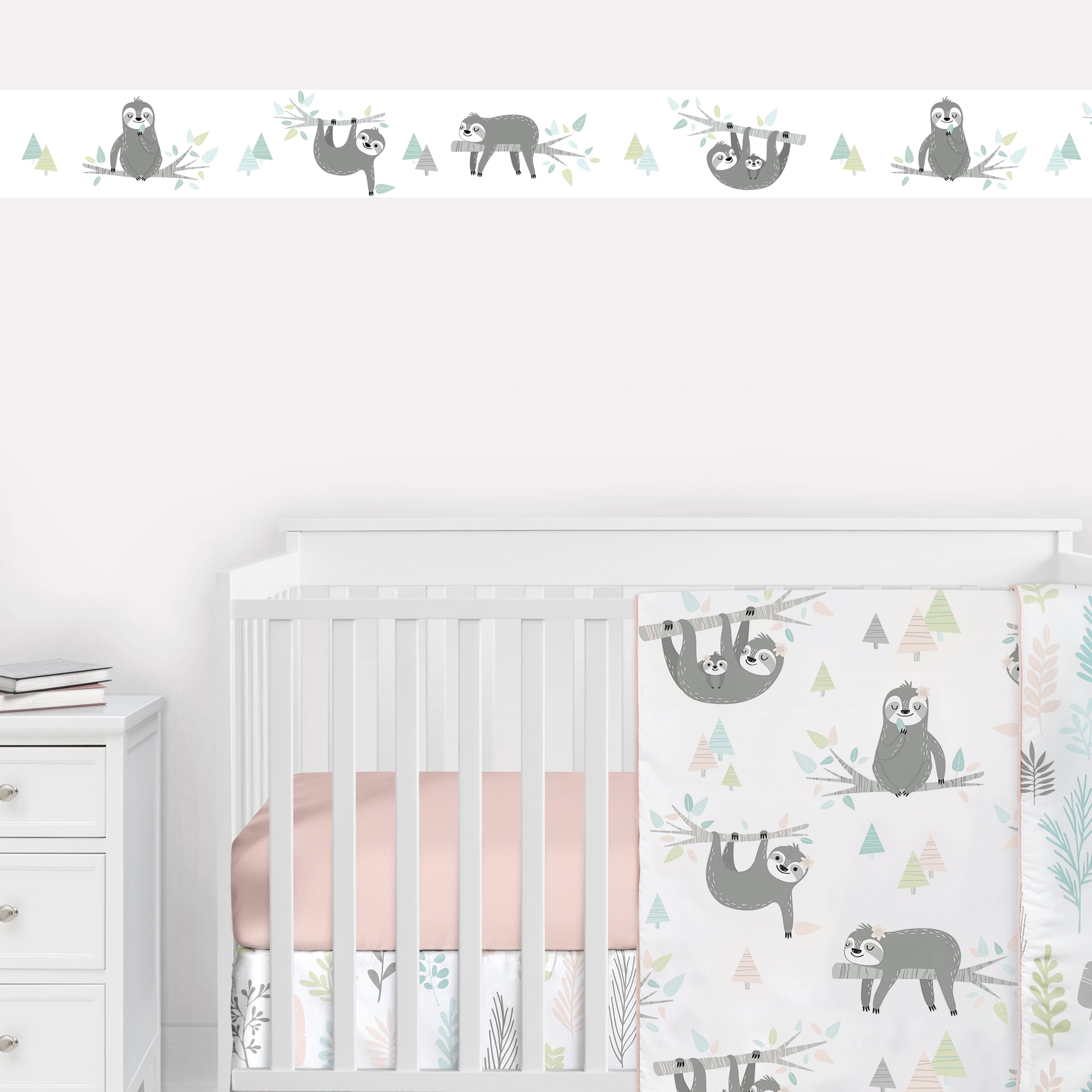 Sloth Pink And Grey 15' L x 6' W Wallpaper Border by Sweet Jojo Designs