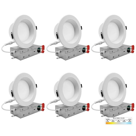 

NUWATT 6 Pack 4 Inch LED Recessed Ceiling Light with Junction Box 10W 5 Color Selectable 2700K - 5000K Daylight Dimmable Canless Downlight 800 LM 120 Volts Wet Rated Certified