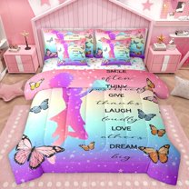 Homewish Girly Dreamy Dance Bedding Comforter Set 7 Pieces for Kids Adults Teens,Cheer Team Cheerleading Full Bedding Set Lightweight,Flying Butterflies Fitted Sheet Flat Sheet,Breathable Home Decor