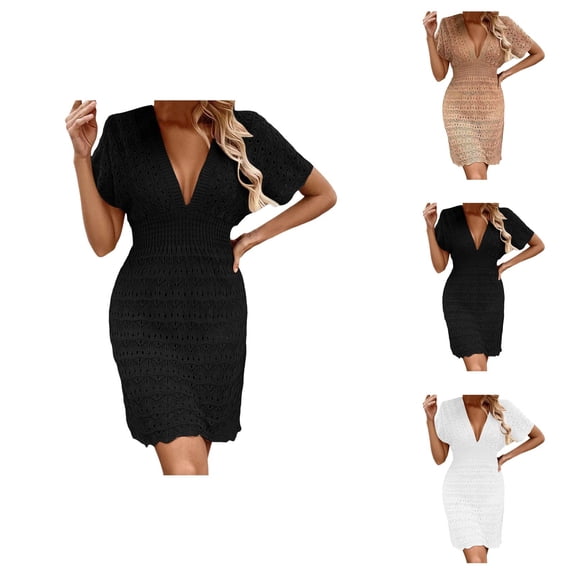 Swimsuit Coverup for Women Short Sleeve Deep V Neck Smocked Waist Crochet Knit Mini Dress Beach Cover Up Bathing Suit Dress