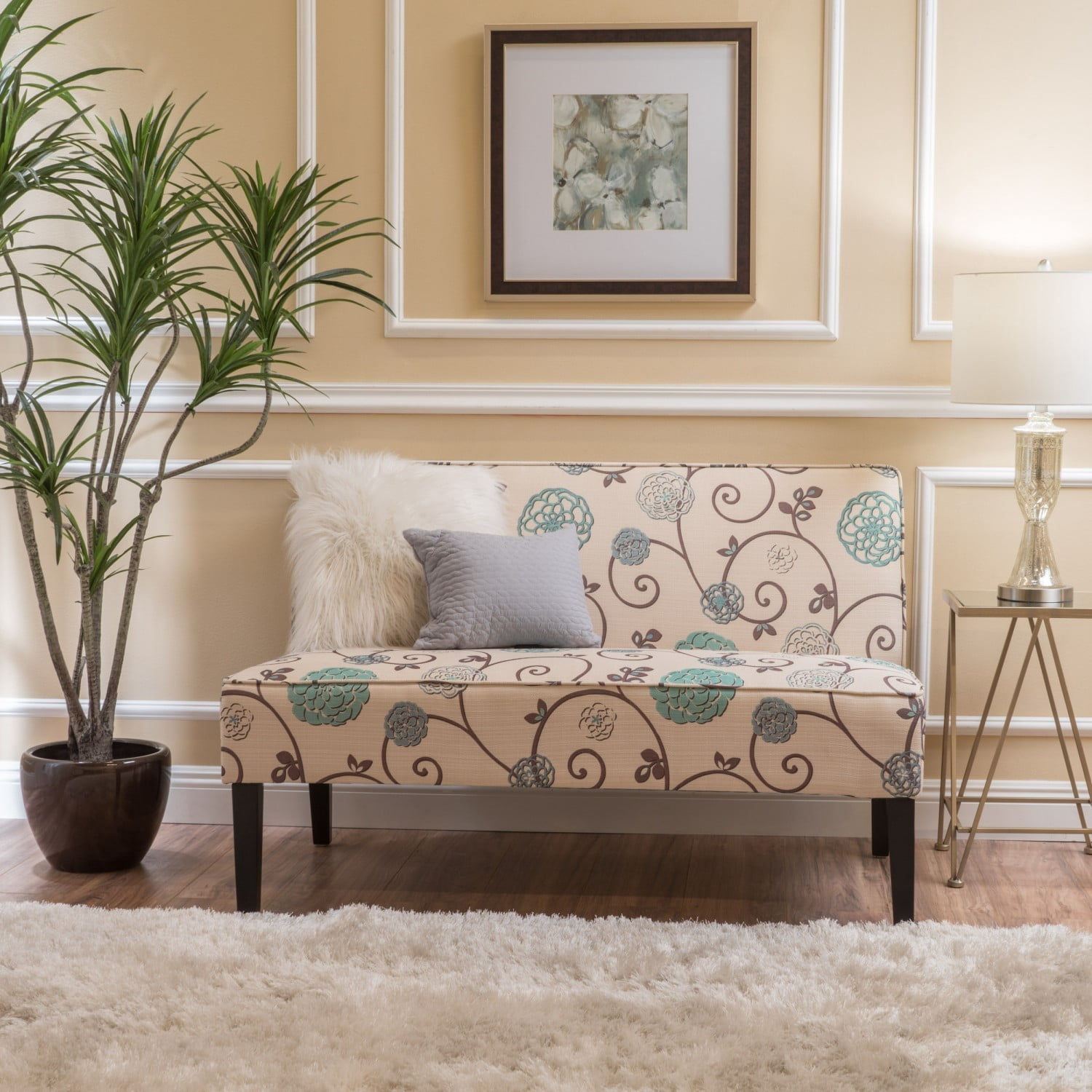 50" Upholstered Loveseat Sofa Modern 2 Seater Couch with Birch Wood Legs, Linen Fabric Small Space Sofa for Living Room Bedroom Office, White+Blue
