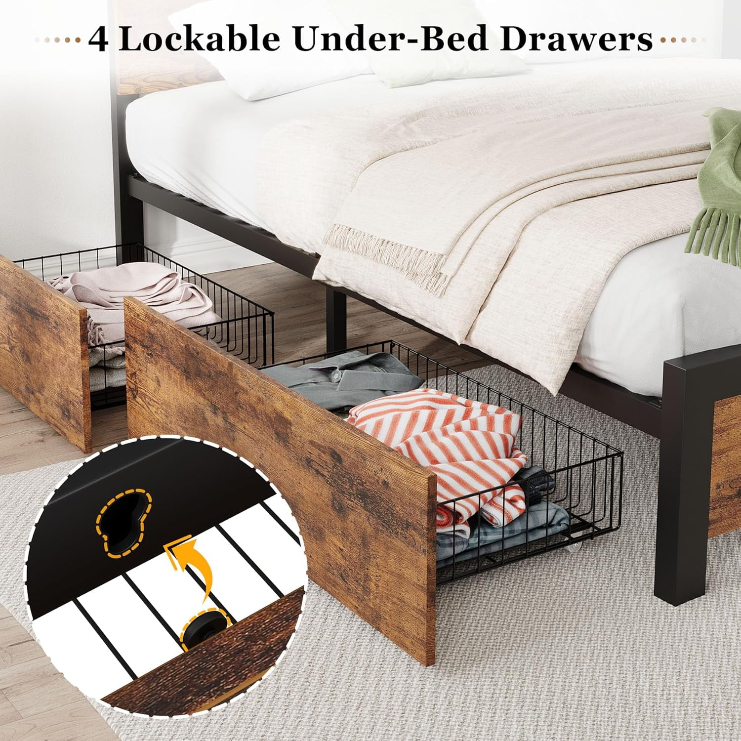 Full Bed Frame with Wooden Headboard: Spacious Platform Design with Under-Bed Storage and Metal Legs, Noise-Free Operation, No Box Spring Required, Assembly - Rustic Brown Finish
