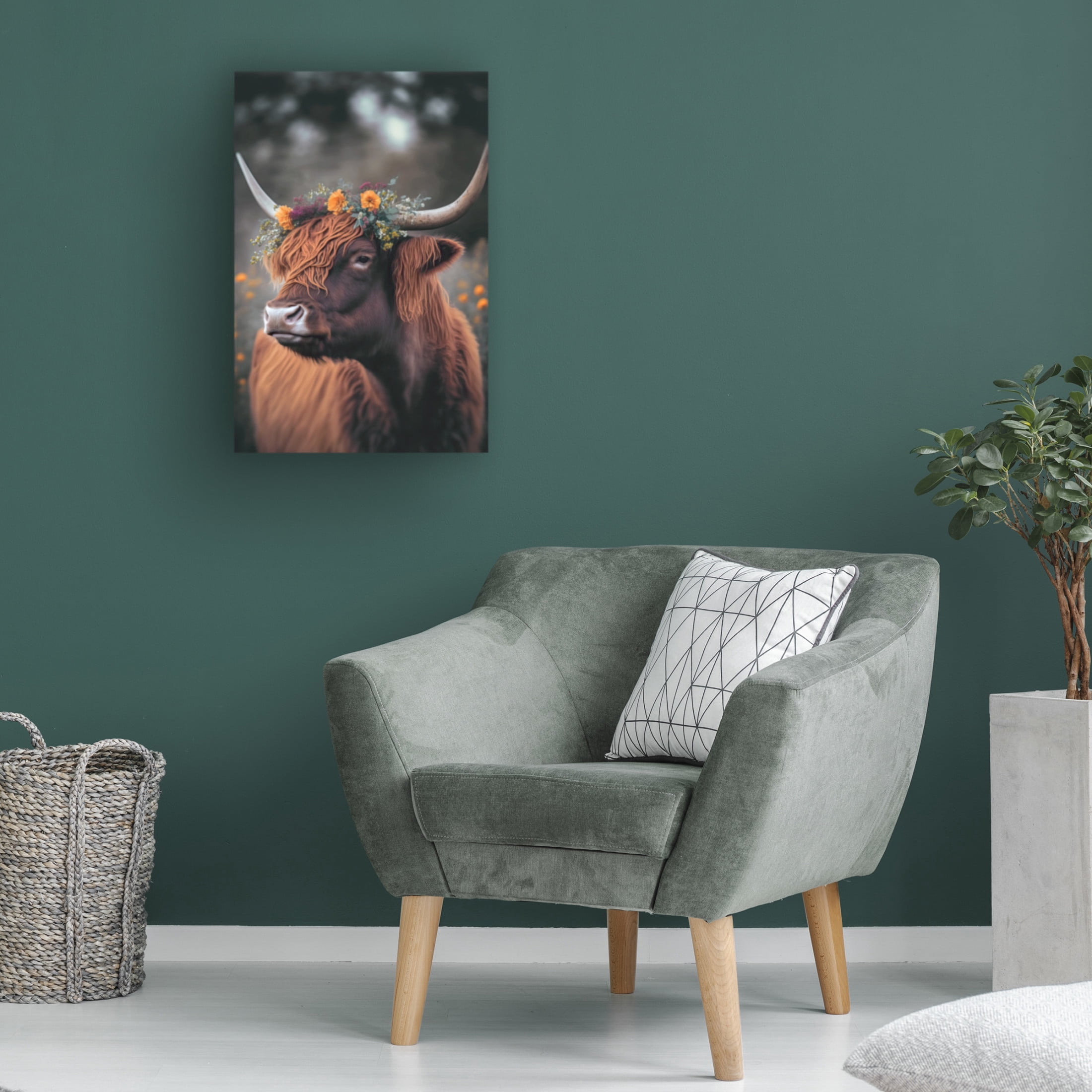 Canvas Wall Art - Treechild 'Highland Cow With Flowers' Wall Art for Living Room, Bedroom, or Office D?cor by Trademark Fine Art - 22 x 32 Inches