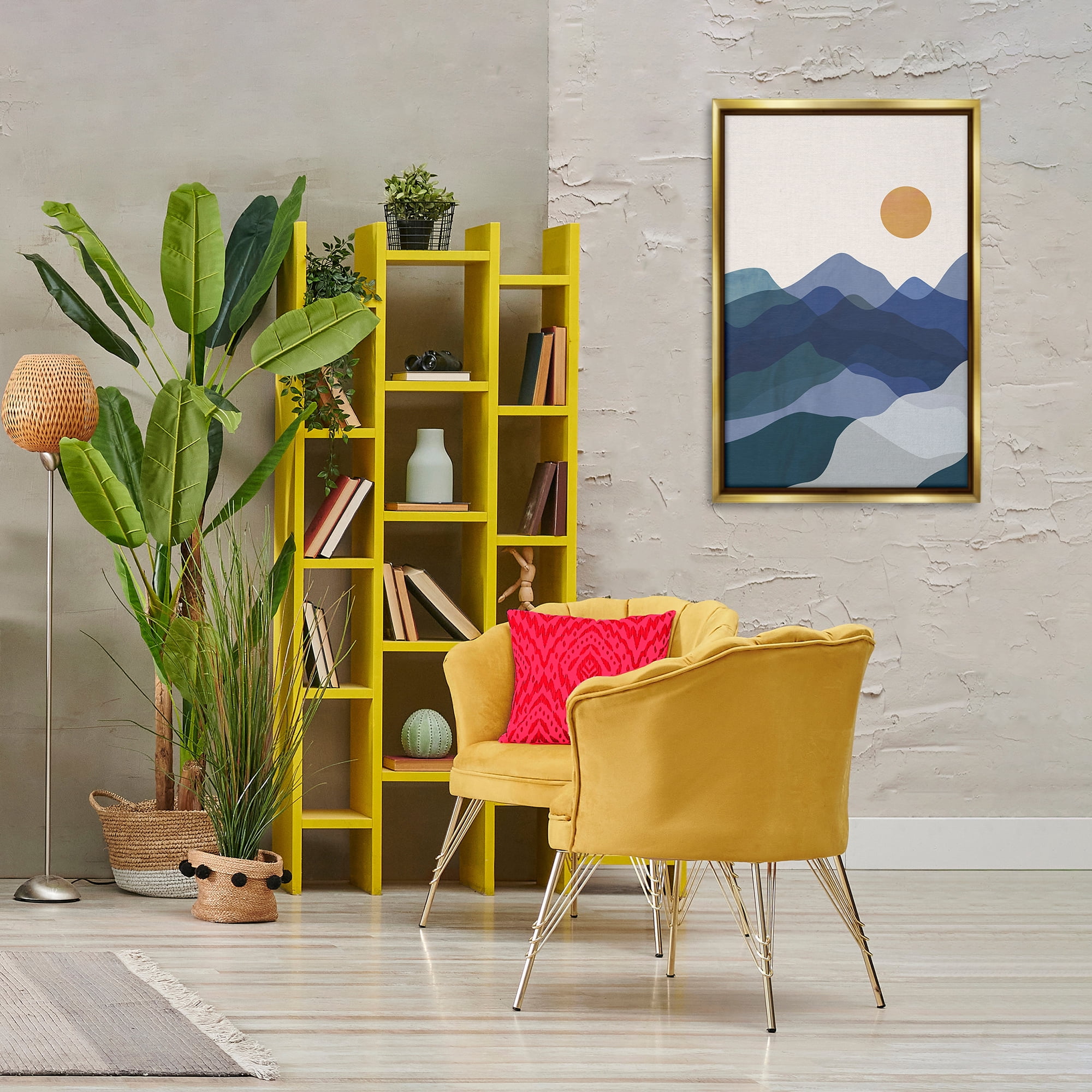 Stupell Industries Blue Layered Mountains Landscape & Nature Painting Gold Floater Framed Canvas Art Print Wall Art, 21 x 31