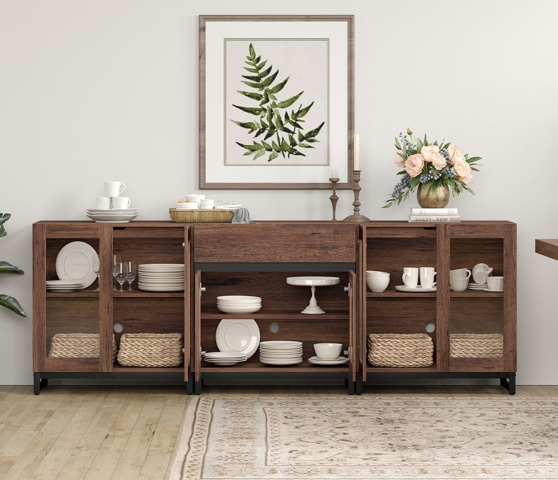 WAMPAT 3-in-1 Multifunctional Modern Sideboard Buffet with Glass Doors and Drawers, Adjustable Shelf & Metal Base for Coffee Bar & Storage Credenza