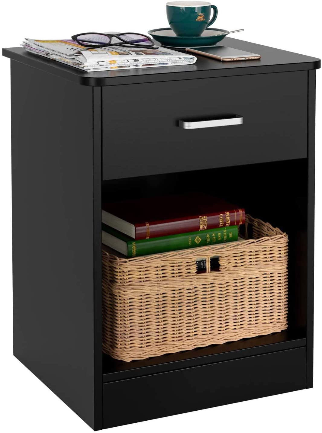 Homfa 2-Tier Nightstand with Drawer & Storage Shelf, Side End Table for Bedroom Living Room Set of 2, Black