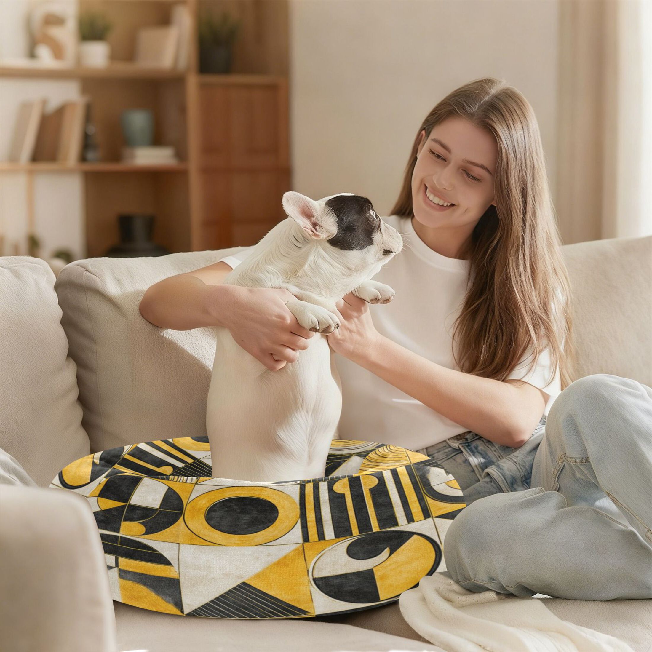 Iauyy Pet Couch Donut Cat Bed for Indoor Cats/Small Dogs Washable & Machine with Non-slip Bottom Calming Cat Furniture, Yellow and Black (M)
