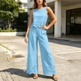 thumbnail image 4 of TEAJOPSUU Womens 2 Piece Sets Matching Lace Hem Outfits Sleeveless Crew Neck Crop Tank Tops High Waisted Wide leg Pants Sets Casual Daily Outfits Light Blue, 4 of 7