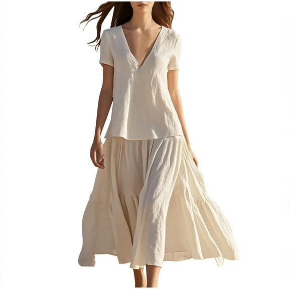 Tnhcen Women's Summer Dress V Neck Cotton Linen Blend Loose Fit Plus Size Casual Breathable Flowy Skirt Mid Length Daily Wear Lightweight Summer Dress for Women S-2XL