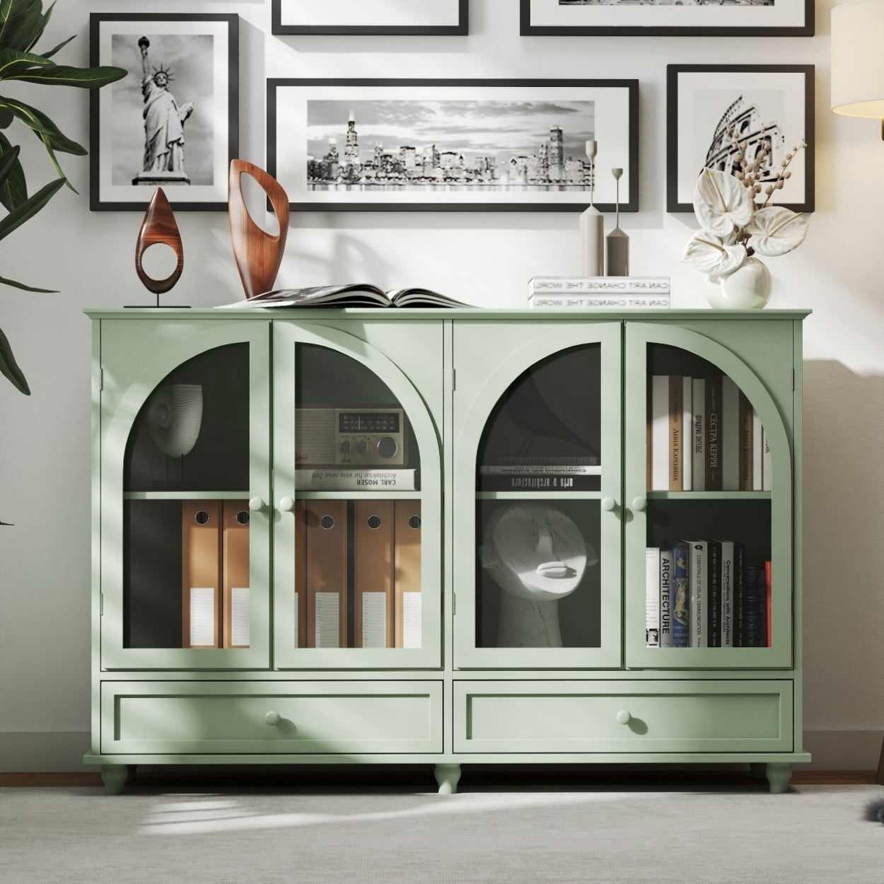 Green Arched Glass Sideboard Cabinet, Buffet Storage Cabinet with 4 Glass Doors & 2 Drawers, Adjustable Shelf Credenza for Kitchen Dining Room Living Room