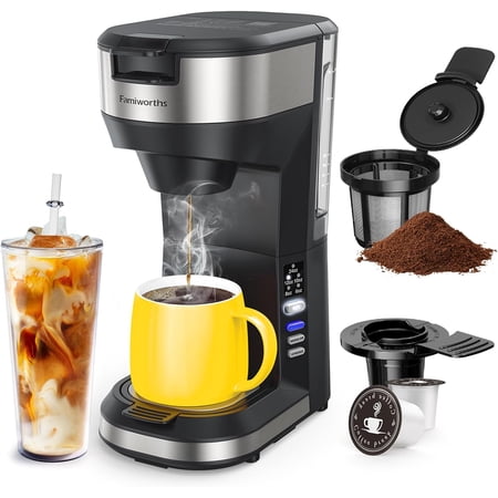 Famiworths Upgraded Hot and Iced Coffee Maker for K Cups and Ground Coffee, 4-5 Cups Coffee Maker and Single-serve Brewers, with 30Oz Removable Water Reservoir, 6 to 24Oz Cup Size, Classic Black