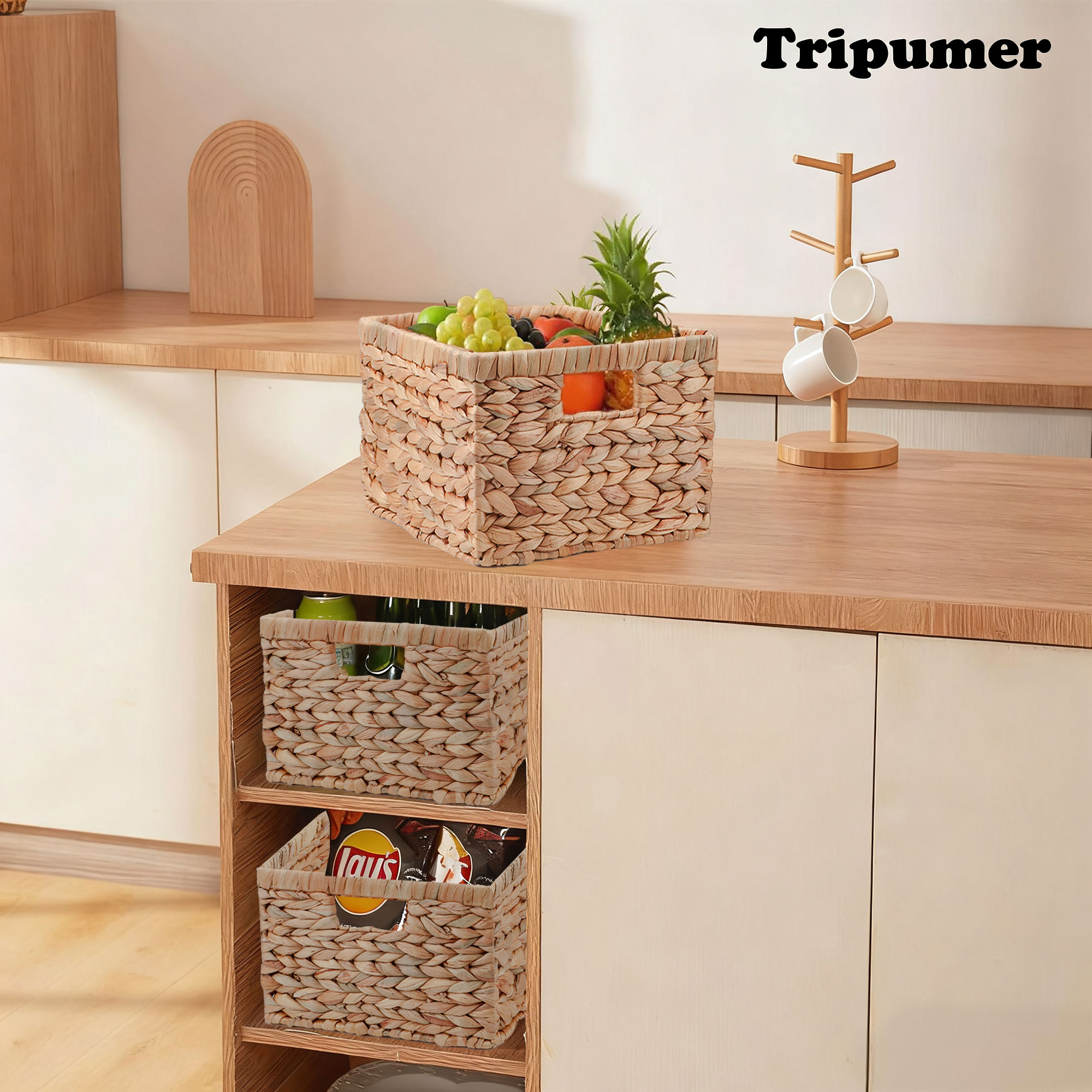 Hengbo 2pcs Handmade Water Gourd Storage Baskets with Handles - Large Rectangular Woven Baskets for Toilet Tank Tops, Home Miscellaneous Storage