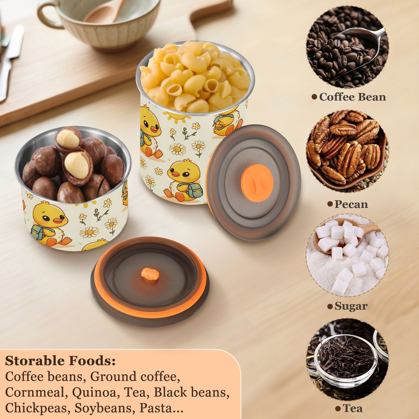 Cute Duck Daisy Flower Airtight Coffee Bean Canister 30oz Food Storage Containers with Lids For Gournd, Tea, Sugar, Flour, Rice, Cereal, Candy Cookie Jar