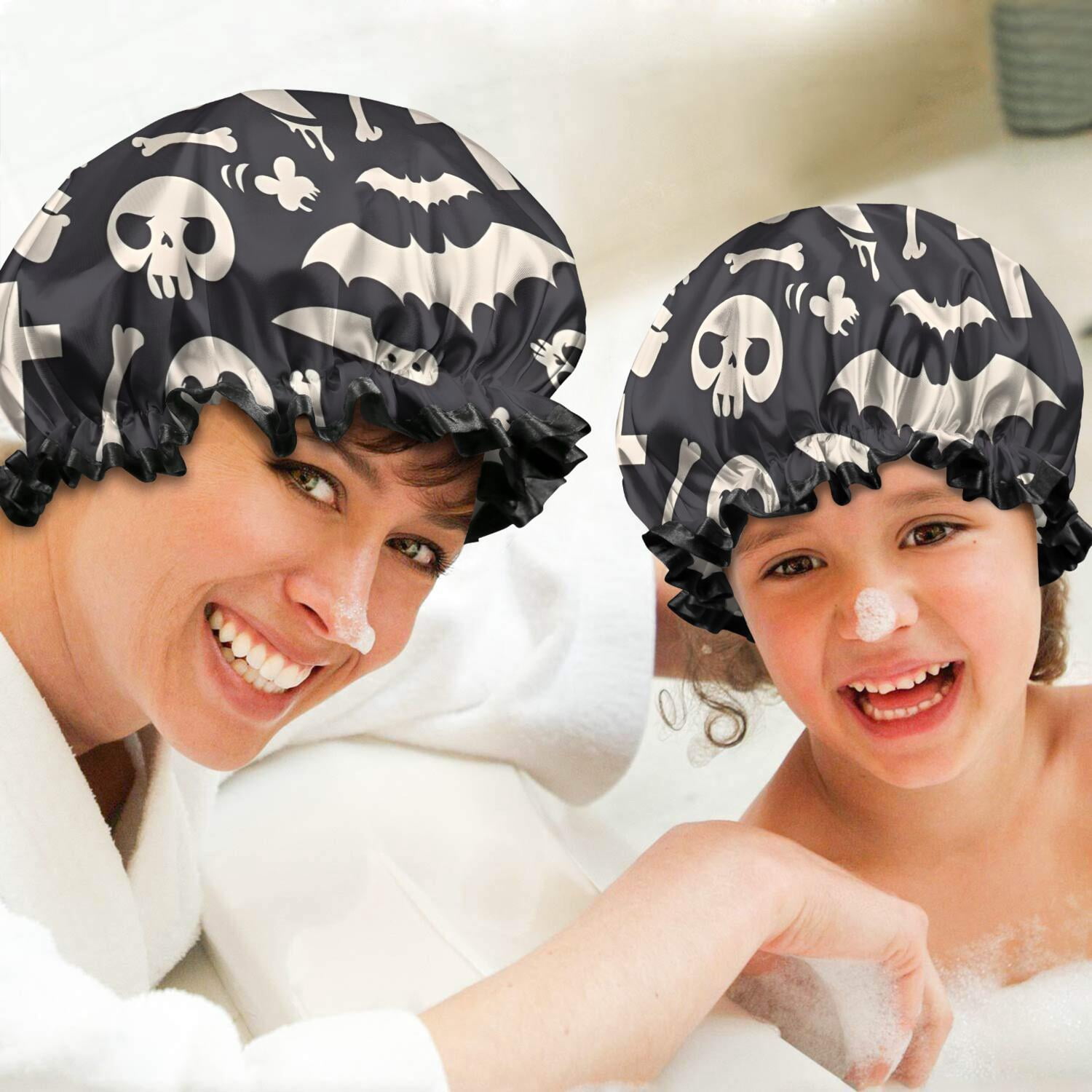Shower Caps,Spooky Halloween Icons Pattern Waterproof Shower Cap for Women 4 Pieces,Double Reusable Hair Cover for Shower PEVA Elastic Stretch Hem