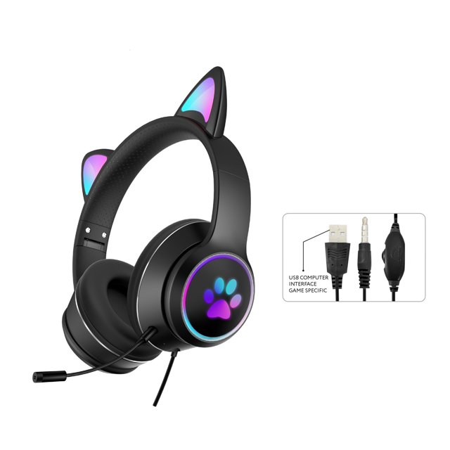 ULTREND Casque de Jeu à DEL Chat Lumineux RVB pour Appareils Mobiles/console de Jeu/PC/ordinateur Portable avec Réduction du Bruit et Casque Filaire avec Microphone Détachable. (Noir)