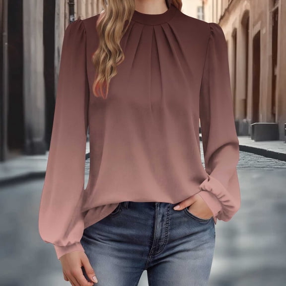 SSZMDLB Women High Neck Long Sleeve Blouse Pleated Flowy Casual Tops Solid Gradient Basic Beach Shirts Summer Outfits For Women Fashion Vacation Clothes, Brown M