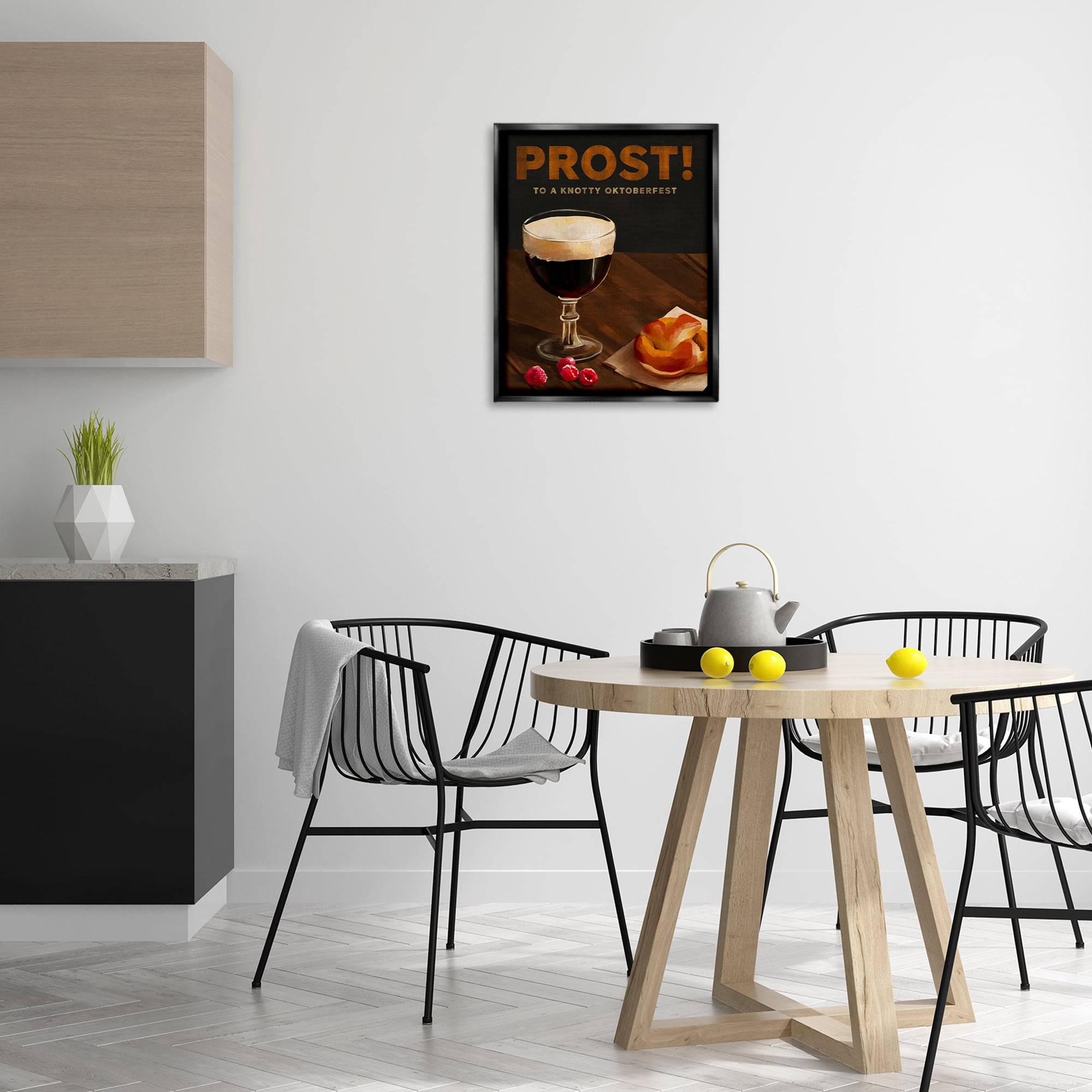 Stupell Industries Prost Beer & Pretzel Food & Beverage Painting Black Floater Framed Canvas Art Print Wall Art, 17 x 21