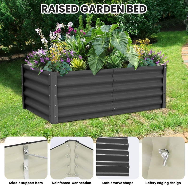Towallmark 6x3x1.5FT 2 Pcs Raised Garden Bed Outdoor, Large Planter Boxes with Open Base Safety Edge, for Vegetables Flowers Ground Planting, Includes Glove, Dark Grey