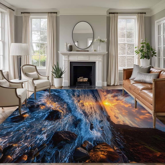 6x9 Area Rugs for Living Room, Beach Reef Non Slip Area Rugs for Kitchen Bedroom Entryway, Beach Sunset Ocean Waves Natural Scenery Washable Carpet Runner Rug Floor Mats for Bedroom Home Decor