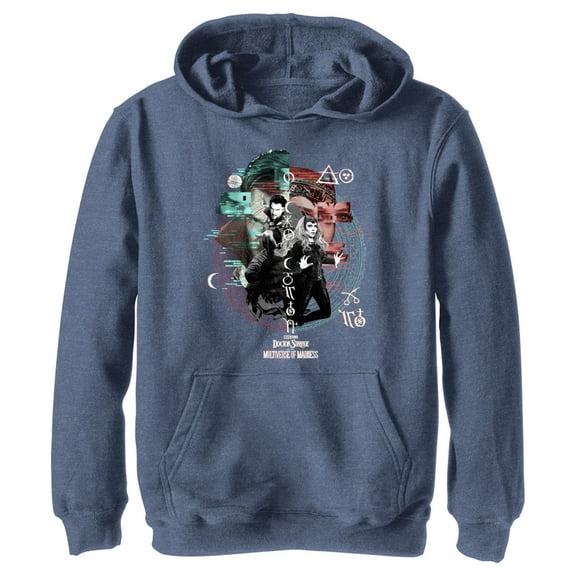 Boy's Marvel Doctor Strange in the Multiverse of Madness Wanda and Strange Glitch Pull Over Hoodie Navy Blue Heather X Large