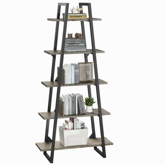 KATIDAP Bookshelf 5 Tier Industrial Wood, Tall Open Rustic Etagere Bookcase Ladder, Standing Display Shelves for Home Living Room Bedroom Office Storage, Rustic Oak