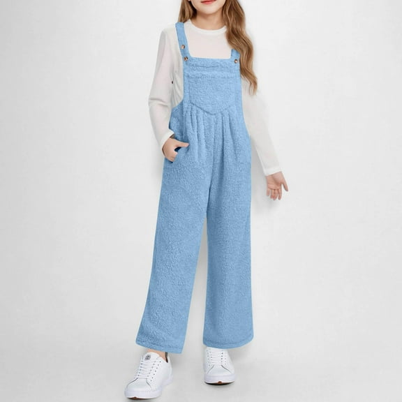 Tdoqot Girls Fleece Jumpsuit with Pockets- Halter Sleeveless Casual Wide Leg Winter Rompers Blue Size 5-12