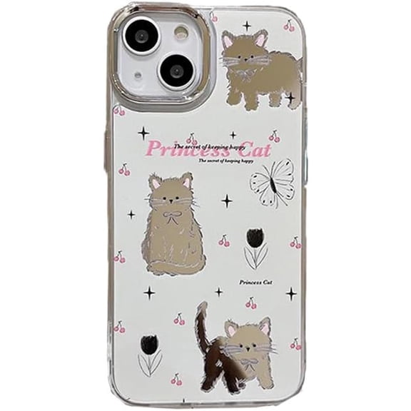 Cute Tulip Flowers Butterfly Cherry Cat Plating Mirror Phone Case Compatible with iPhone Case (White,iPhone 13 Pro)