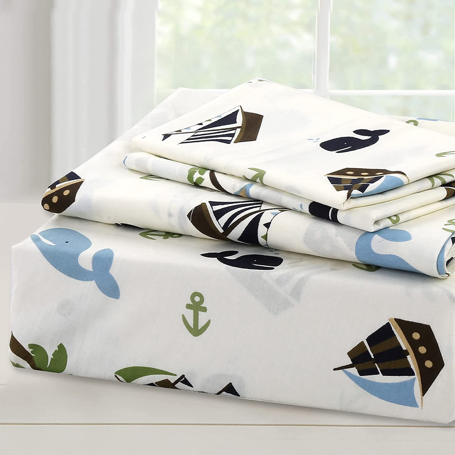 Ocean Blue Whale Ships Sail Monkey Island 3 Piece White Cotton Toddler Sheet Set