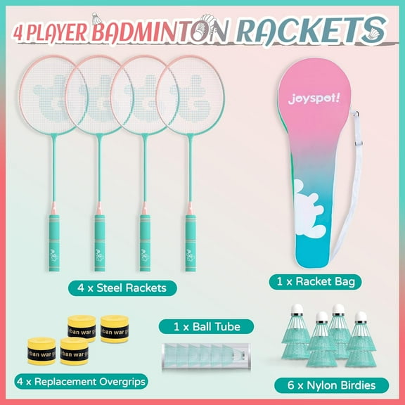 Badminton Rackets Set of 4 for Outdoor Backyard Games, Lightweight for Kids Adults Beginners