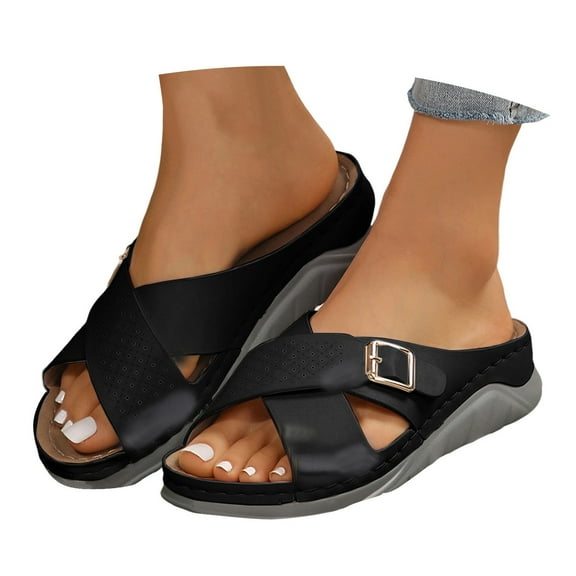 Mepaouo Womens Wedge Sandals Leather Arch Support Orthopedic Walking Shoes Platform Slip on Slippers