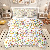 Feelyou Peace and Love Bedding Comforter Set 7pcs, Hippie Flower Floral Queen Bedding Sets