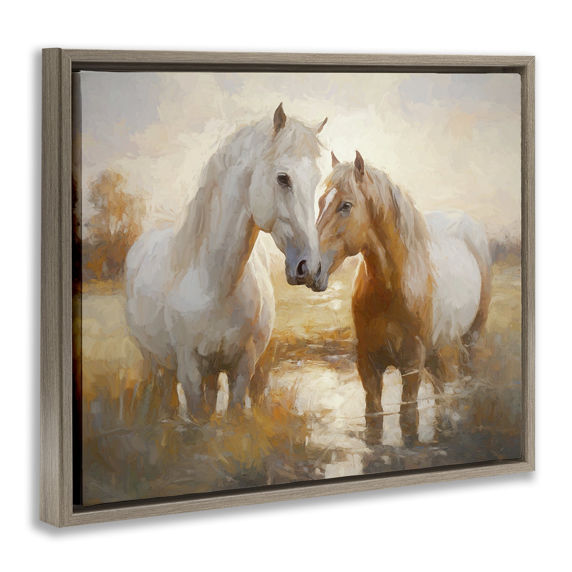 Stupell Industries Horse Pair in River Animals & Insects Painting Brown Floater Framed Canvas Art Print Wall Art, 31 x 25