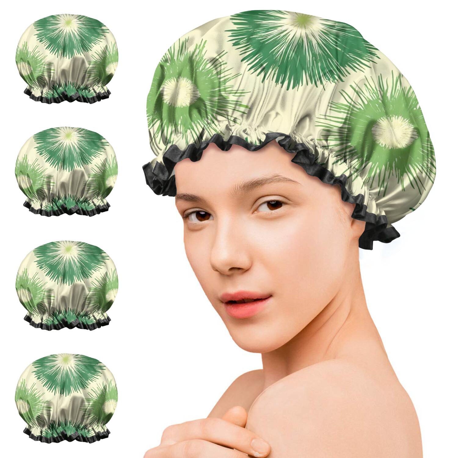 Shower Caps,Green Tie Dye Waterproof Shower Cap for Women 4 Pieces,Double Reusable Hair Cover for Shower PEVA Elastic Stretch Hem