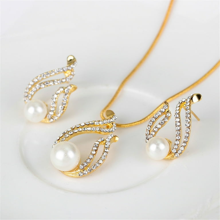 TIHLMK Friendship Necklace Earring Set, Diamond Pearl Jewelry