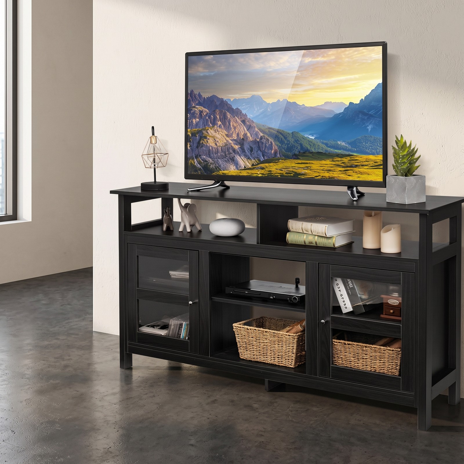 Furnibear 58 Inch TV Stand Entertainment Center Media Console with 2 Acrylic Door Cabinets, Fireplace Ready Open Shelves and Cable Management for TVs up to 65, Black