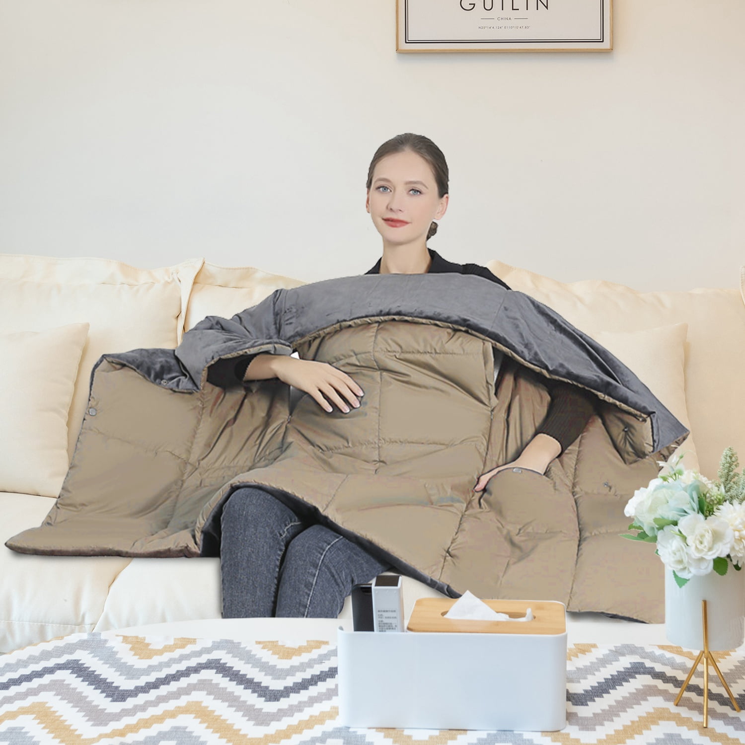 Portable USB Heated Blanket, 61"x 51" Dual Switch Cordless Heated Poncho Shawl Throw Blanket with 6 Zones 3 Heating Levels for Indoor Outdoor (L, Khaki)