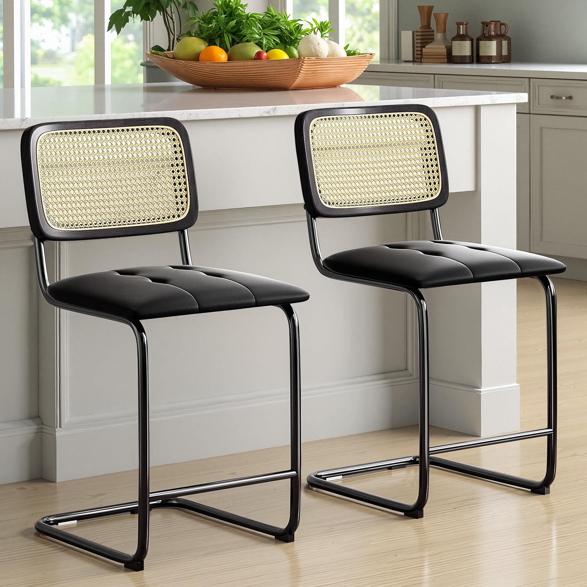 MAYEERTY 24" Black Counter Height Bar Stools Set of 2, PU Leather & Rattan Back, for Dining Areas