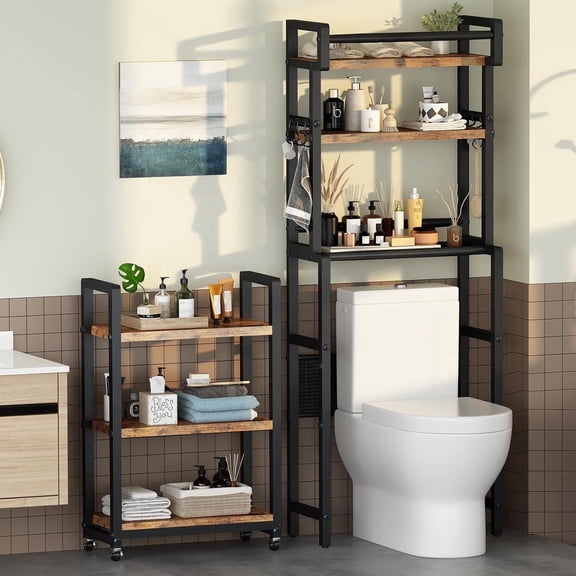 LinkRomat 6-Tier Bathroom Shelf, Over Toilet Bathroom Organizer with Rolling Cart & 6 Hooks,Over the Toilet Storage Rack for Bathroom, Brown