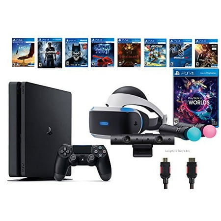 PlayStation VR Launch Bundle 9 Items:VR Launch Bundle,PS4 Slim- Uncharted 4,7VR Game Disc Until Dawn:Rush of Blood, Valkyrie,Battlezone,Arkham VR, DriveClub,Eagle Flight,Combat League